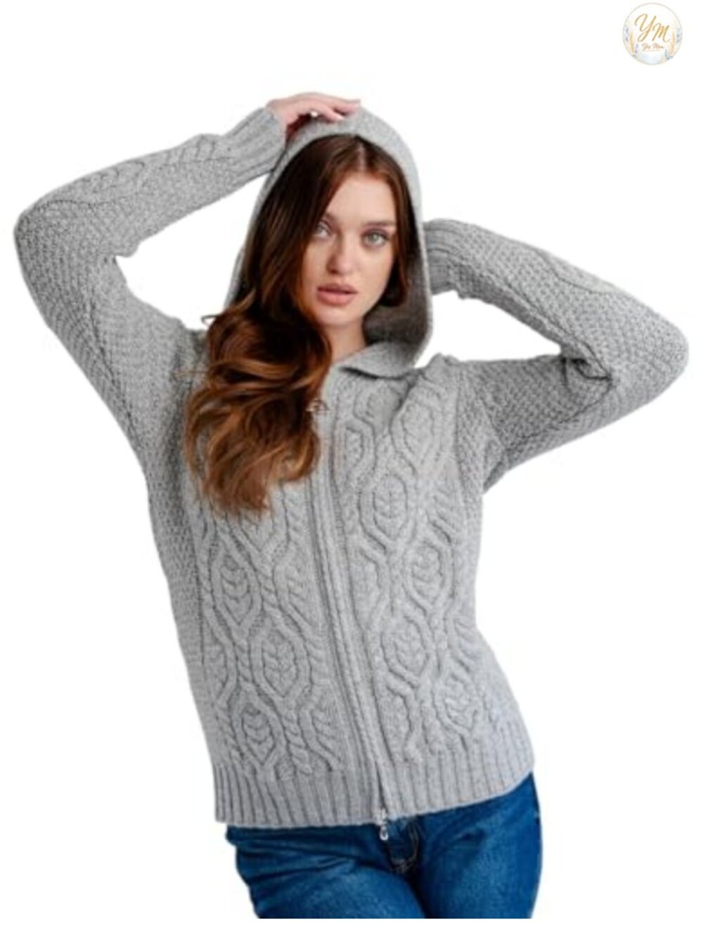 100% Merino Wool Hooded Zip Cardigan Irish Aran Cable Knit Sweater